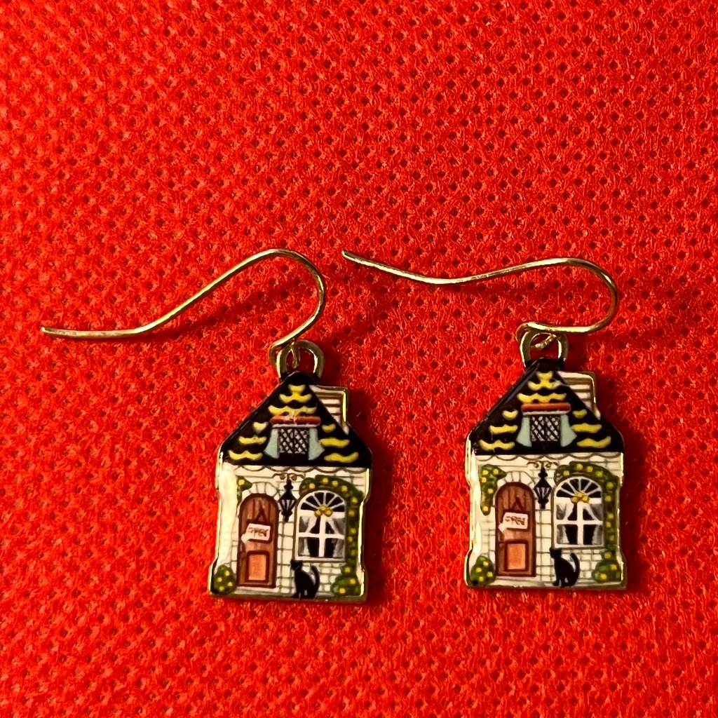 House Cottage Home Gold Tone French Hook Pierced Earrings